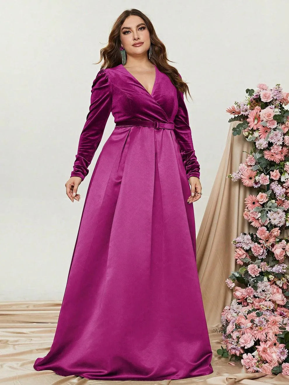 Plus V Neck Long Sleeve Belted Satin A Line Dress - Elonnashop