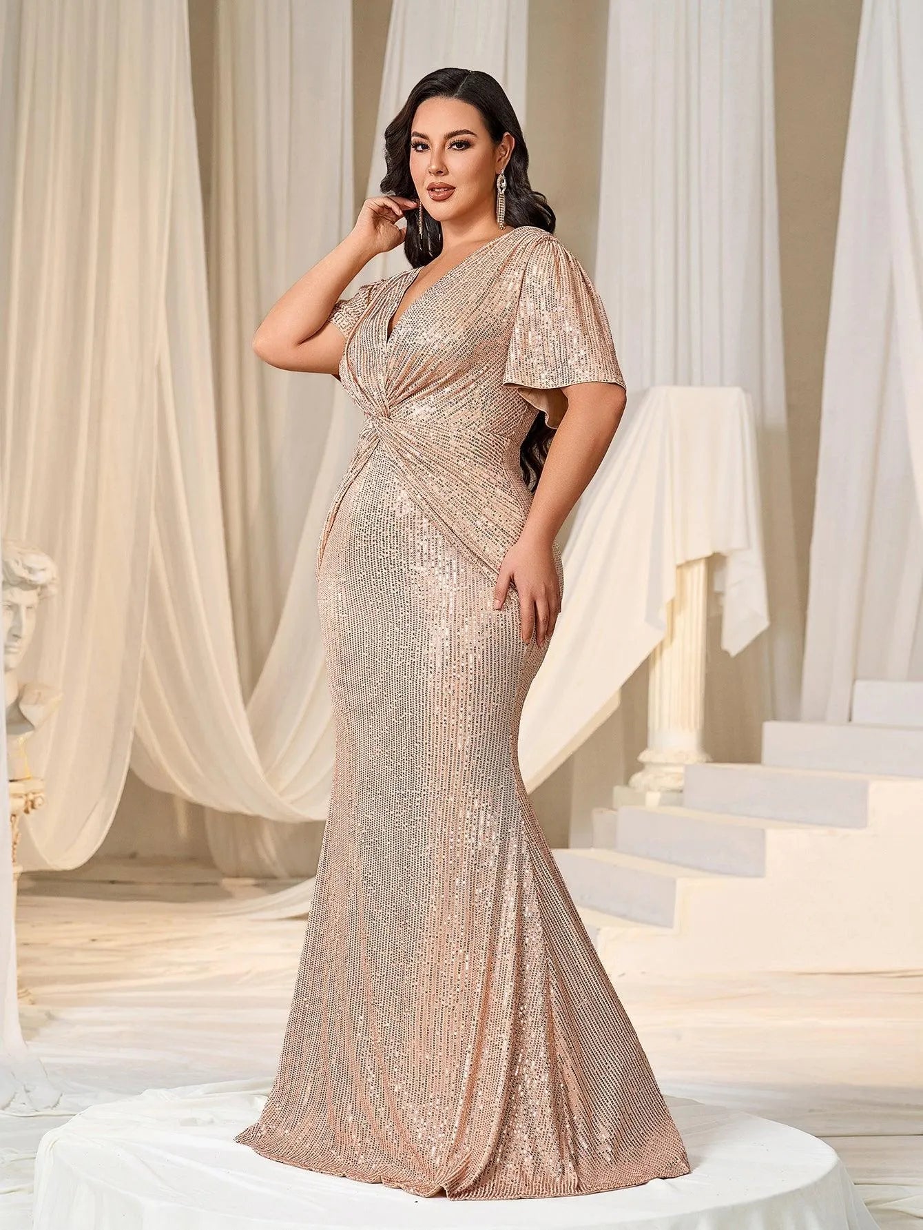 Plus Plunging Neck Twist Front Sequin Mermaid Party Dress Champagne / 3XL Plus Plunging Neck Twist Front Sequin Mermaid Party Dress Champagne / 3XL