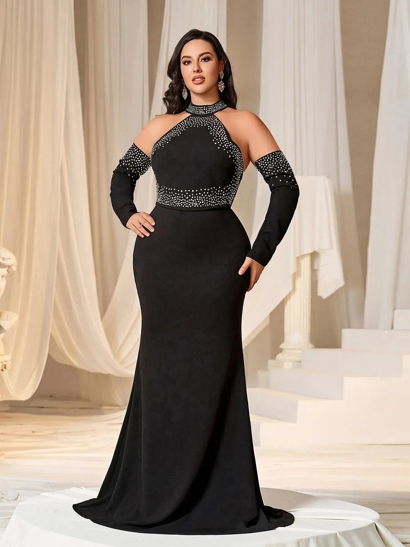 Plus Rhinestone Detail Halter Neck Mermaid Hem Evening Dress Black / 2XL Plus Rhinestone Detail Halter Neck Mermaid Hem Evening Dress Black / 2XL