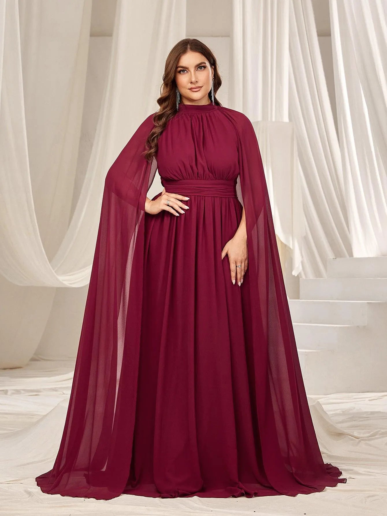 Plus Mock Neck Cloak Sleeves Chiffon Formal Cape Dress - Elonnashop