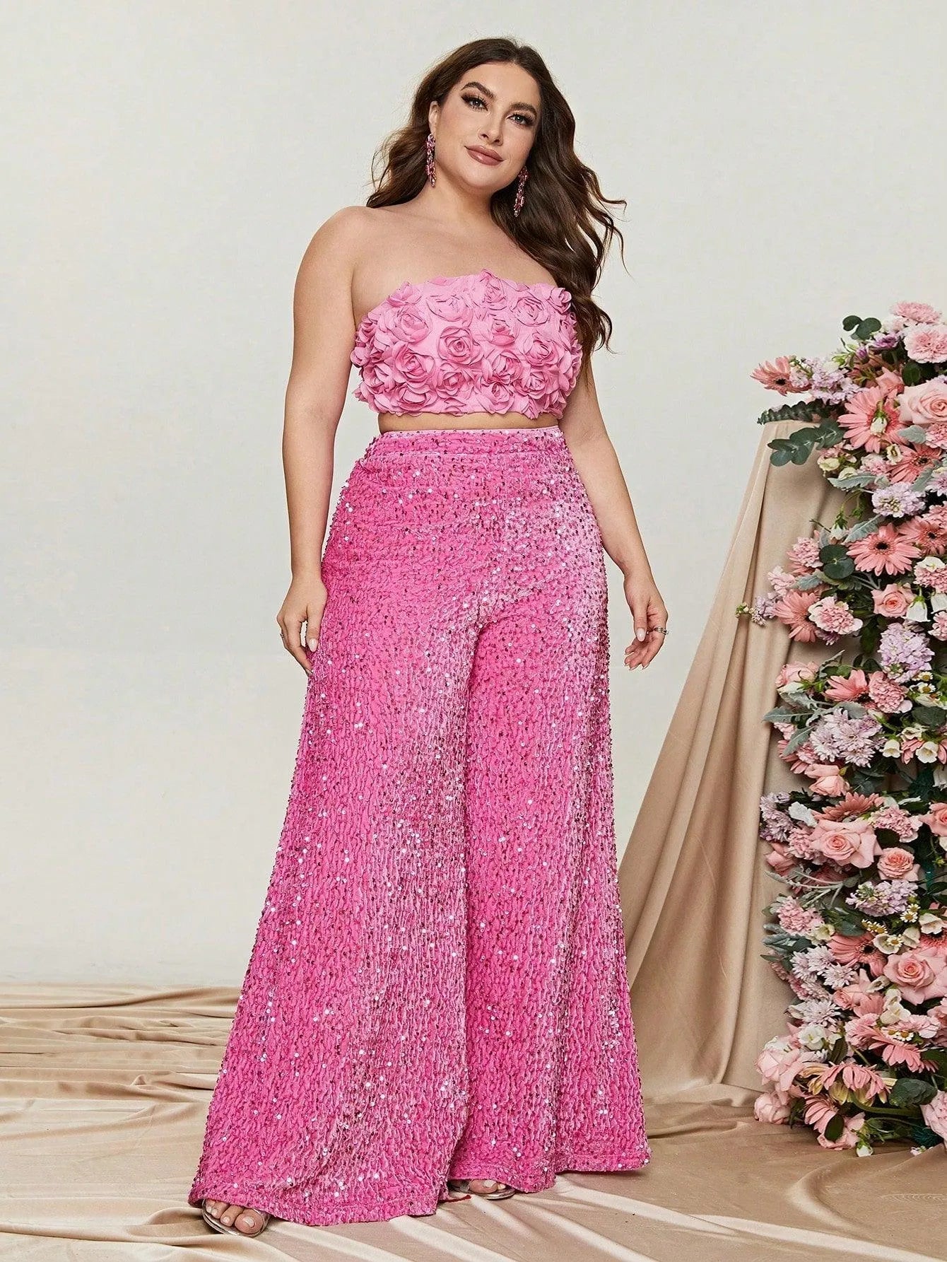 Plus 3D Flowers Tube Top & Sequin Wide Leg Pants - Elonnashop