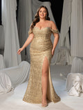 Plus Sparkling Sequin Spaghetti Strap Evening Gown | Sweetheart Neckline & High Thigh Slit