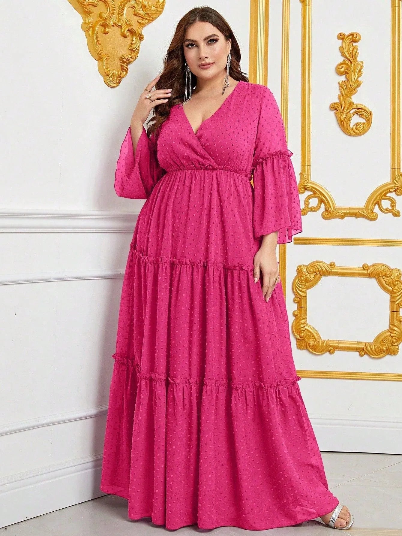 Plus Surplice Neck Bell Sleeves Swiss Dot Chiffon Dress Purple / 5XL Plus Surplice Neck Bell Sleeves Swiss Dot Chiffon Dress Purple / 5XL