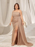 Plus Glitter One Shoulder Split Thigh Draped Side Party Dress - Elonnashop