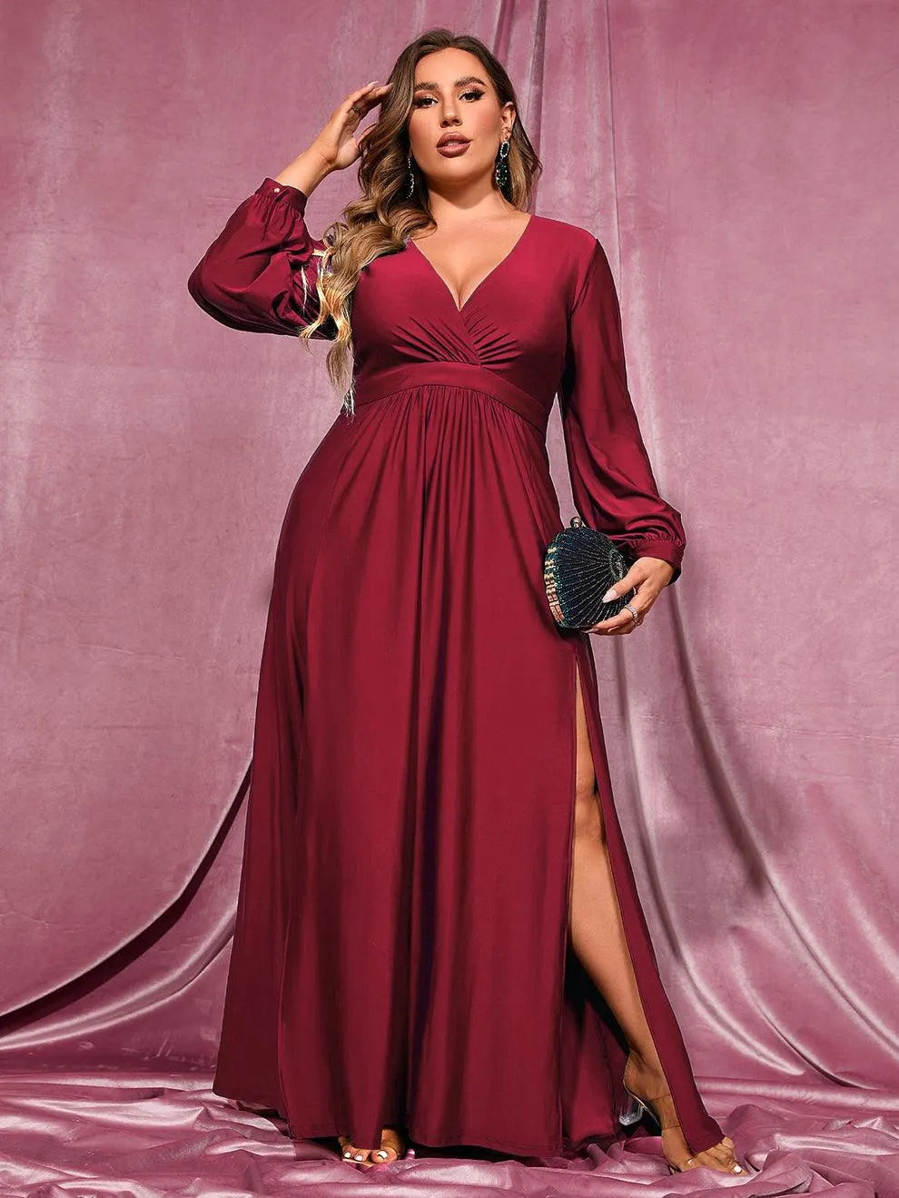 Plus Plunging Neck Lantern Sleeve High Slit Dress - Elonnashop