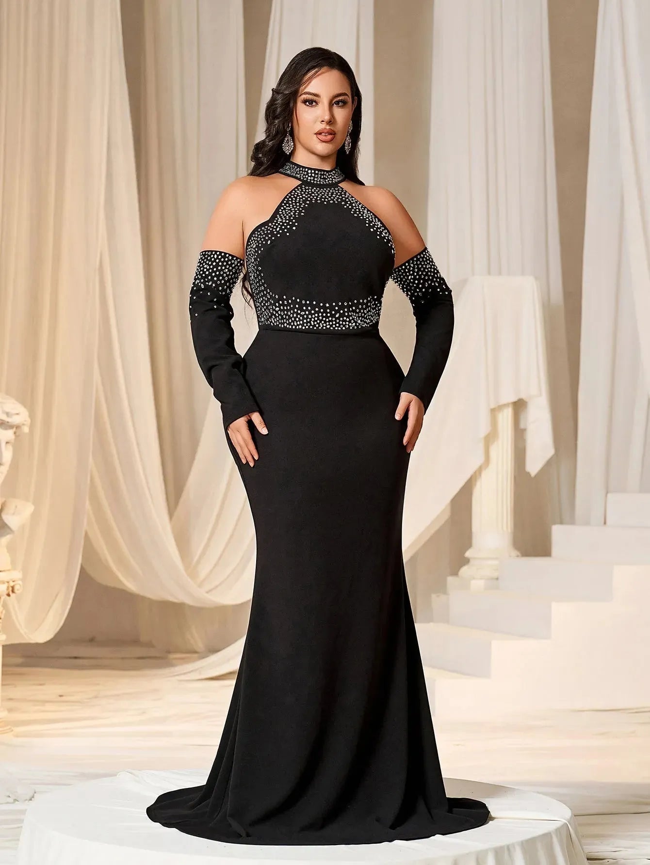 Plus Rhinestone Detail Halter Neck Mermaid Hem Evening Dress Black / 2XL Plus Rhinestone Detail Halter Neck Mermaid Hem Evening Dress Black / 2XL