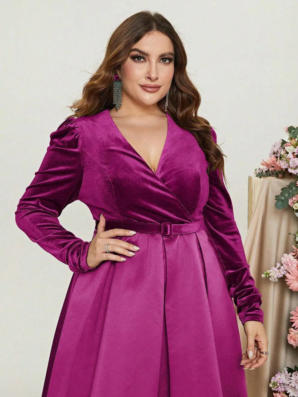 Plus V Neck Long Sleeve Belted Satin A Line Dress - Elonnashop