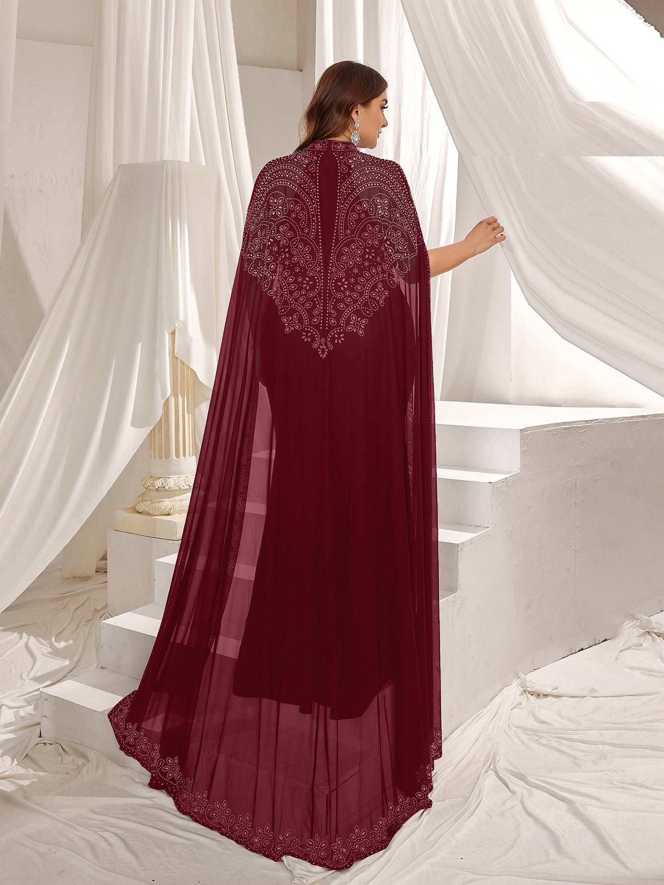 Plus Rhinestone Detail Mock Neck Mermaid Hem Formal Cape Dress Burgundy / 5XL Plus Rhinestone Detail Mock Neck Mermaid Hem Formal Cape Dress Burgundy / 5XL