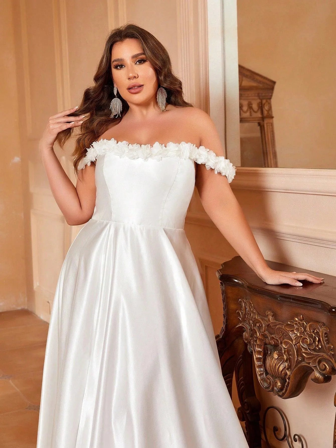 Plus Off Shoulder Floral Applique Satin Wedding Dress - Elonnashop