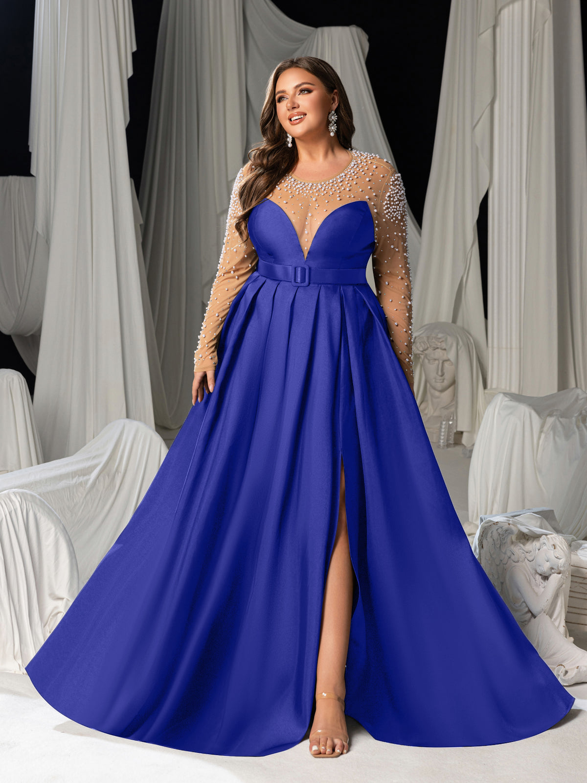 Plus Size Pearl Decoration Sheer Sleeves Satin Evening Gown - Formal Royal Blue / 2XL Plus Size Pearl Decoration Sheer Sleeves Satin Evening Gown - Formal Royal Blue / 2XL
