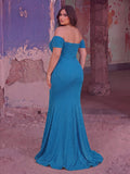 Plus Glitter Off Shoulder Split Thigh Mermaid Hem Formal Dress