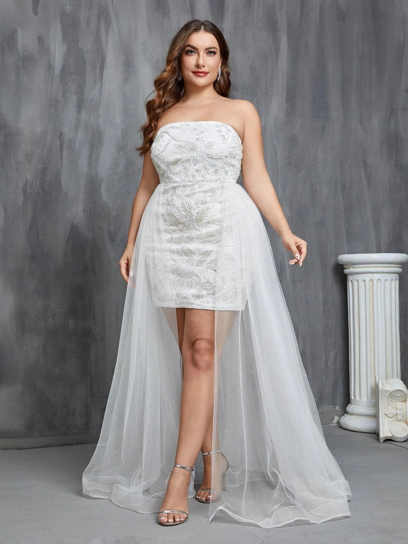 Plus Mesh Overlay Sequin Tube Wedding Dress - Elonnashop