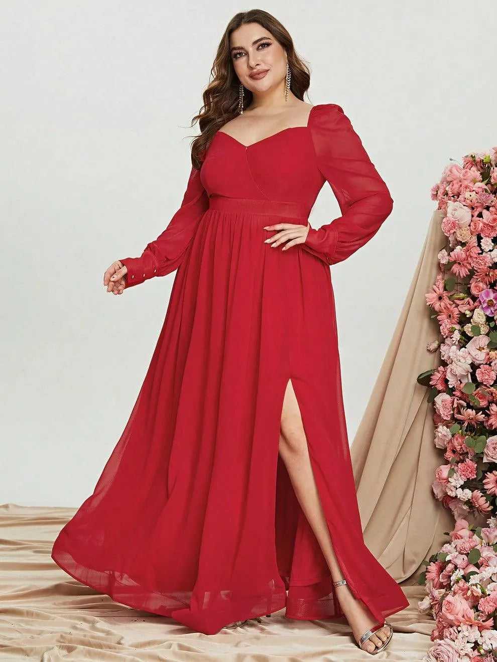 Plus Sweetheart Neck Backless Long Sleeve Chiffon A line Dress - Elonnashop