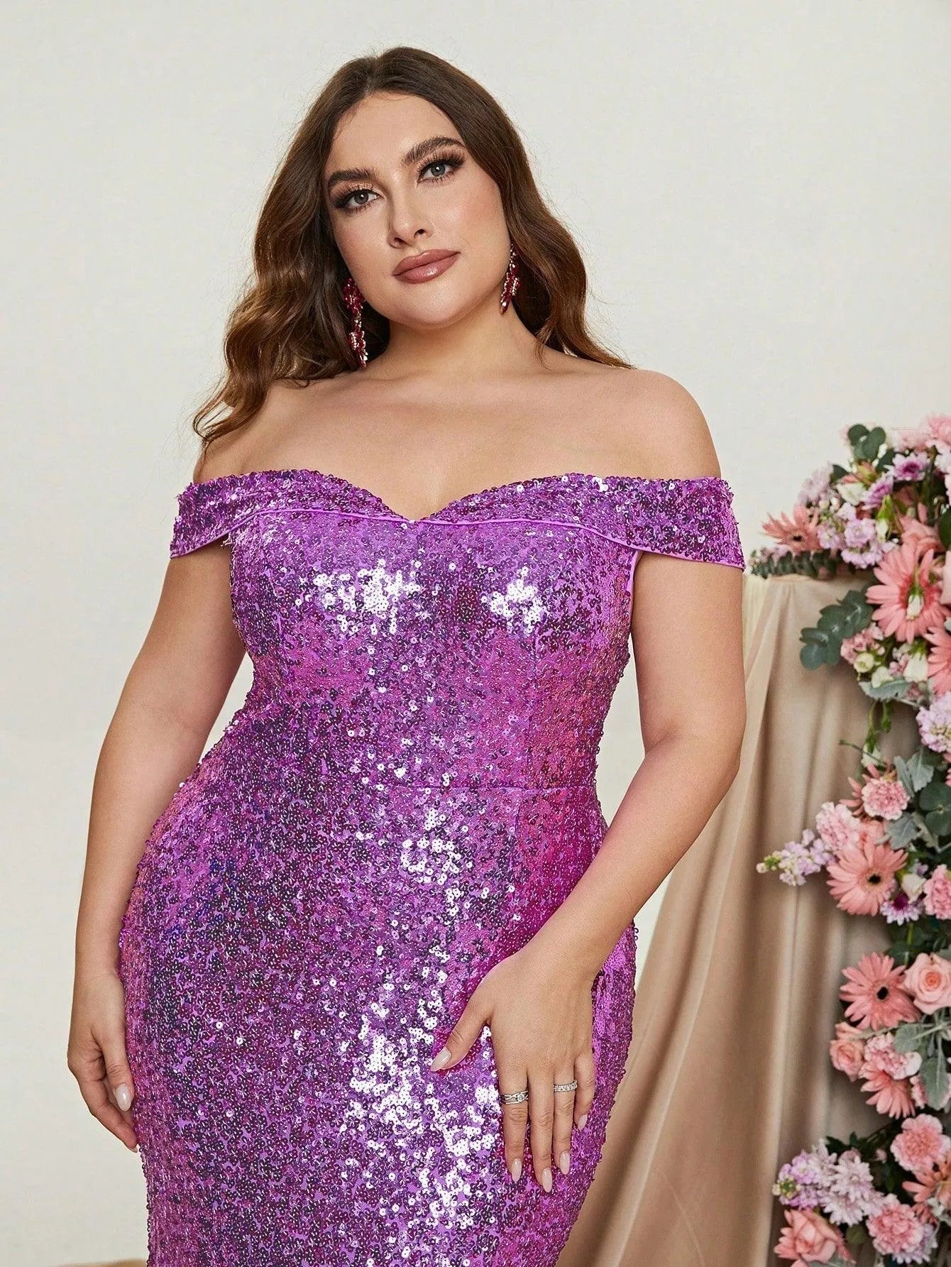 Plus Off Shoulder Sleeveless Mesh Insert Sequin Mermaid Dress - Elonnashop