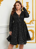 Plus Size V Neck Long Sleeve Sequin A Line Dress - Elonnashop