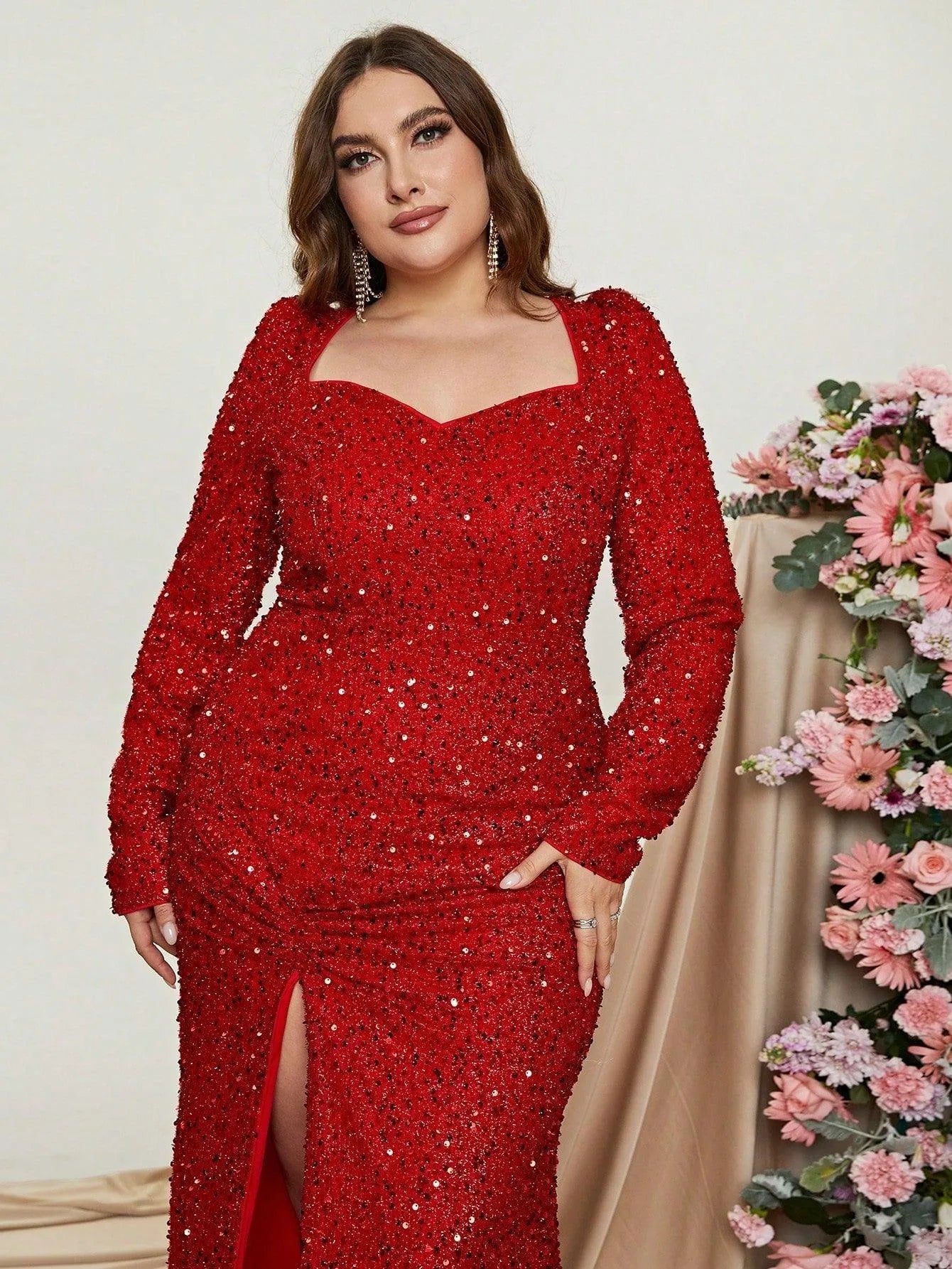 Plus Sweetheart Neck Long Sleeve Sequin Slit Dress - Elonnashop