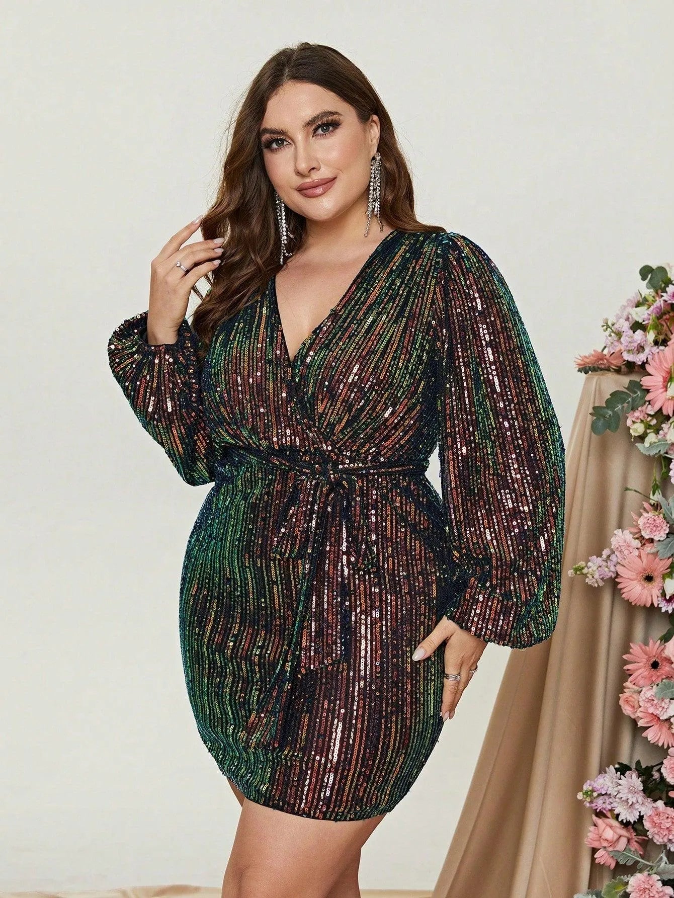 surplice sequin dress Long Stretch Sequin Dress with Chiffon Surplice Bodice S.L. Fashions