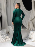 Plus V-Neck Long Sleeve Velvet Mermaid Evening Dress