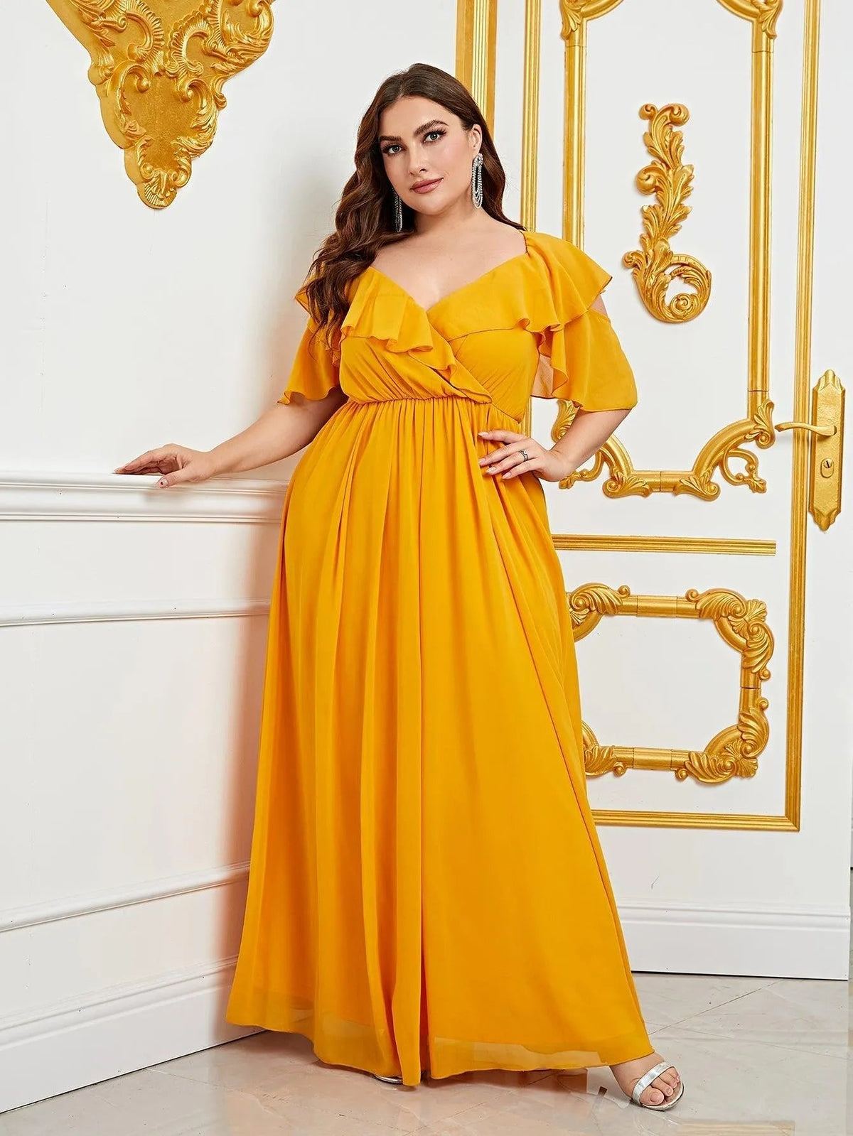 Plus Sweetheart Neck Ruffle Trim Chiffon A Line Dress Yellow / 4XL Plus Sweetheart Neck Ruffle Trim Chiffon A Line Dress Yellow / 4XL
