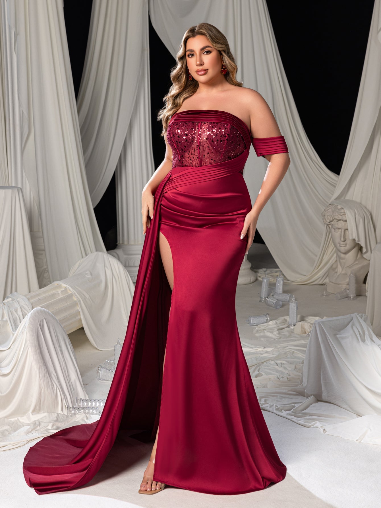 Plus Satin Red Carpet Gown with High Slit & Strapless Design Luxuri Burgundy / 2XL Plus Satin Red Carpet Gown with High Slit & Strapless Design Luxuri Burgundy / 2XL