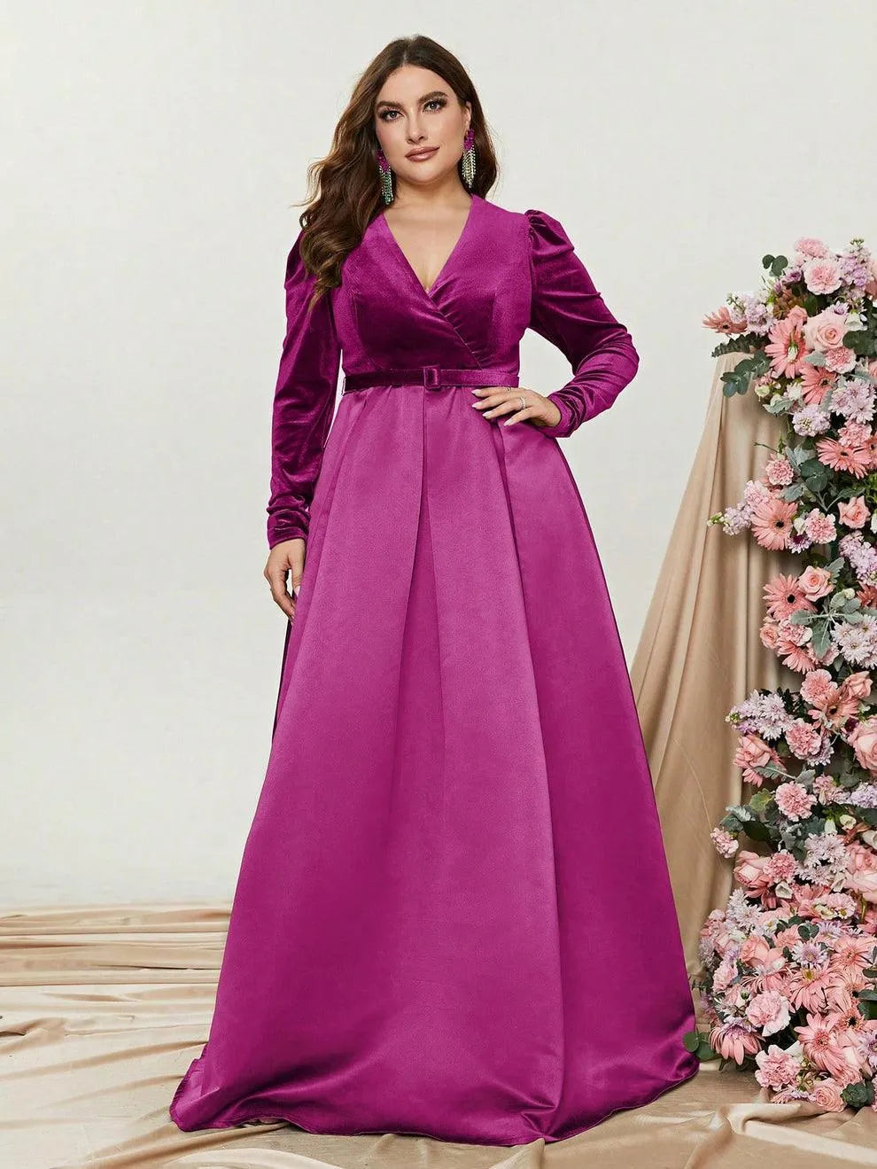 Plus V Neck Long Sleeve Belted Satin A Line Dress - Elonnashop