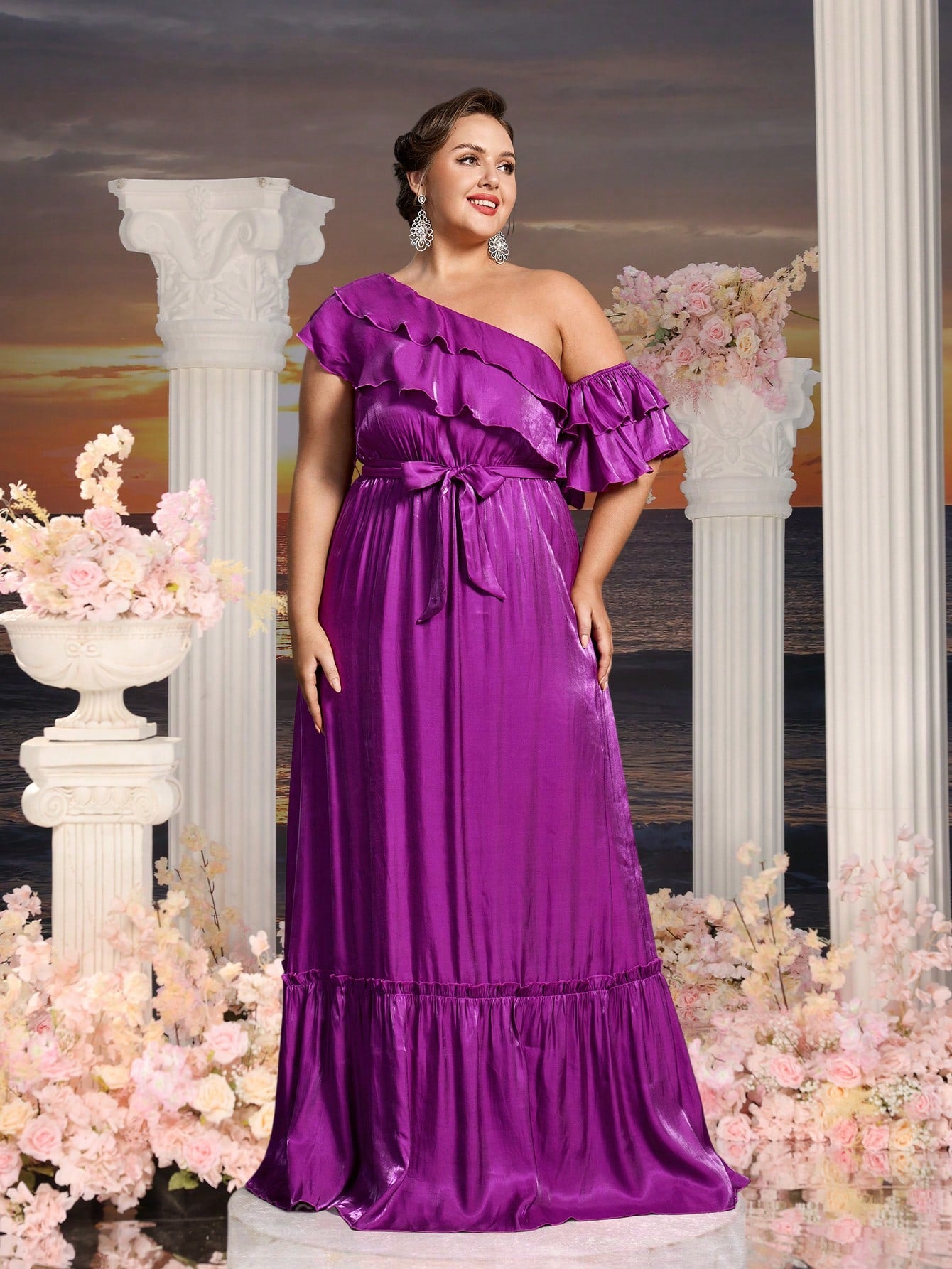 Plus Womens' Asymmetrical One Shoulder Chiffon A Line Dresses Purple / 3XL Plus Womens' Asymmetrical One Shoulder Chiffon A Line Dresses Purple / 3XL
