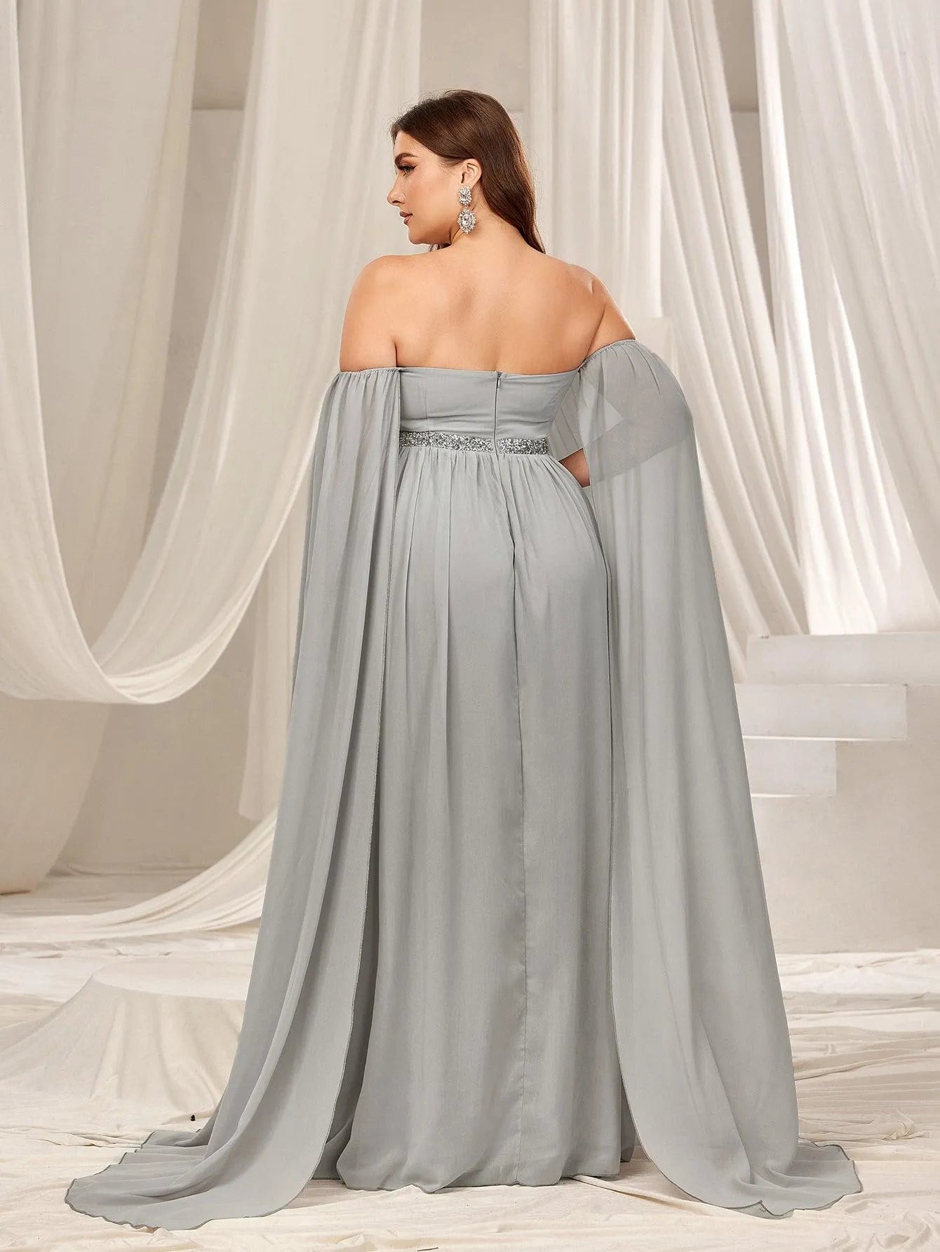 Plus Off Shoulder Extra-Long Sleeves Chiffon Prom Dress Grey / 1XL Plus Off Shoulder Extra-Long Sleeves Chiffon Prom Dress Grey / 1XL