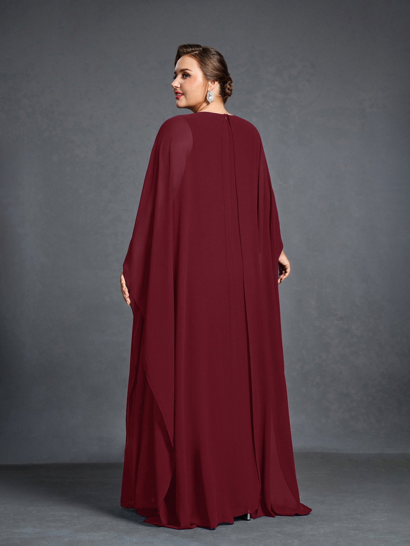Plus Womens' Embellished Round -Neck Formal Dress with Sheer Chiffon Burgundy / 1XL Plus Womens' Embellished Round -Neck Formal Dress with Sheer Chiffon Burgundy / 1XL