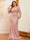 Plus Surplice Neck Lantern Sleeve Sequin Mermaid Dress