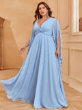 Plus Deep V Neck Cape Sleeves Chiffon Dresses - Elonnashop