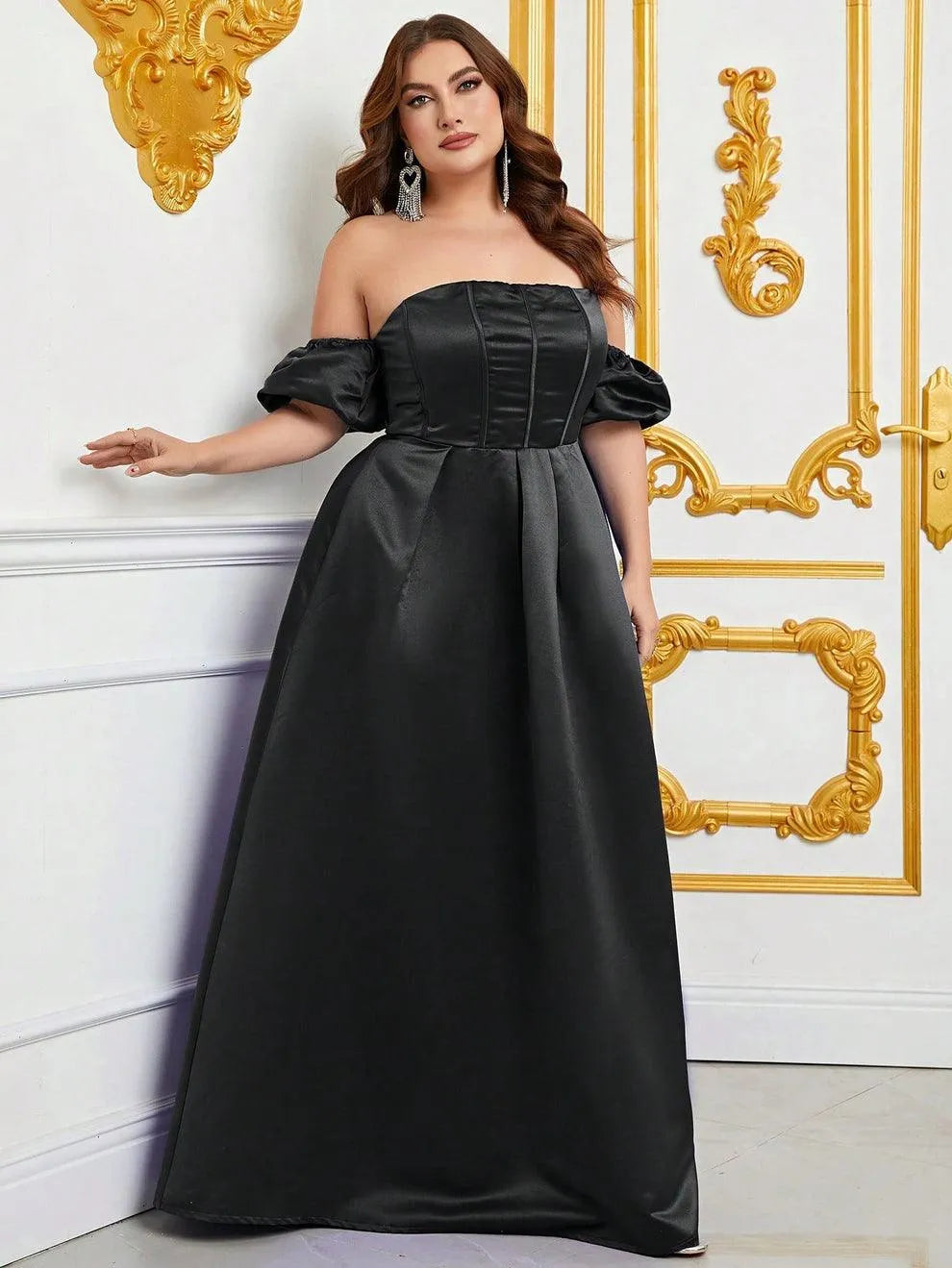 Plus Off Shoulder Puff Sleeves Ruched Bust Satin Prom Dress - Elonnashop