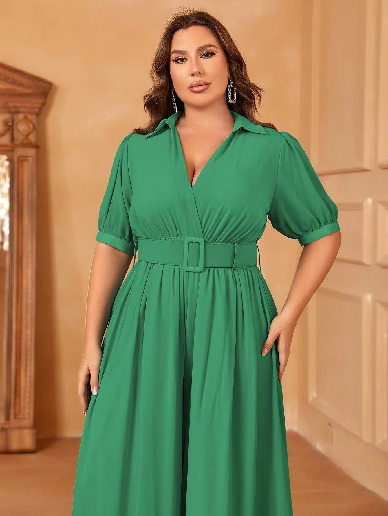 Plus Chiffon Deep V Short Sleeves Wide Leg Jumpsuit