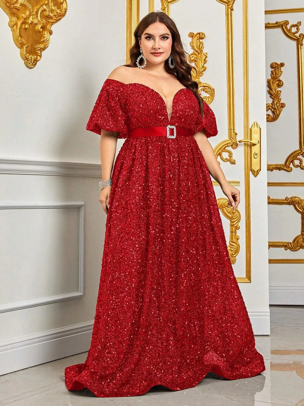 Plus Off Shoulder Puff Sleeves Sequin Formal Dress - Elonnashop