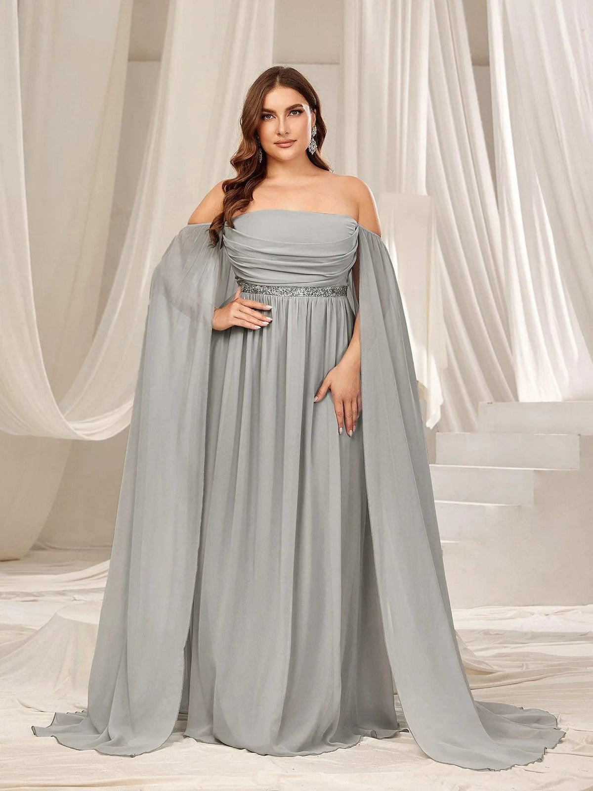 Plus Off Shoulder Extra-Long Sleeves Chiffon Prom Dress Grey / 1XL Plus Off Shoulder Extra-Long Sleeves Chiffon Prom Dress Grey / 1XL