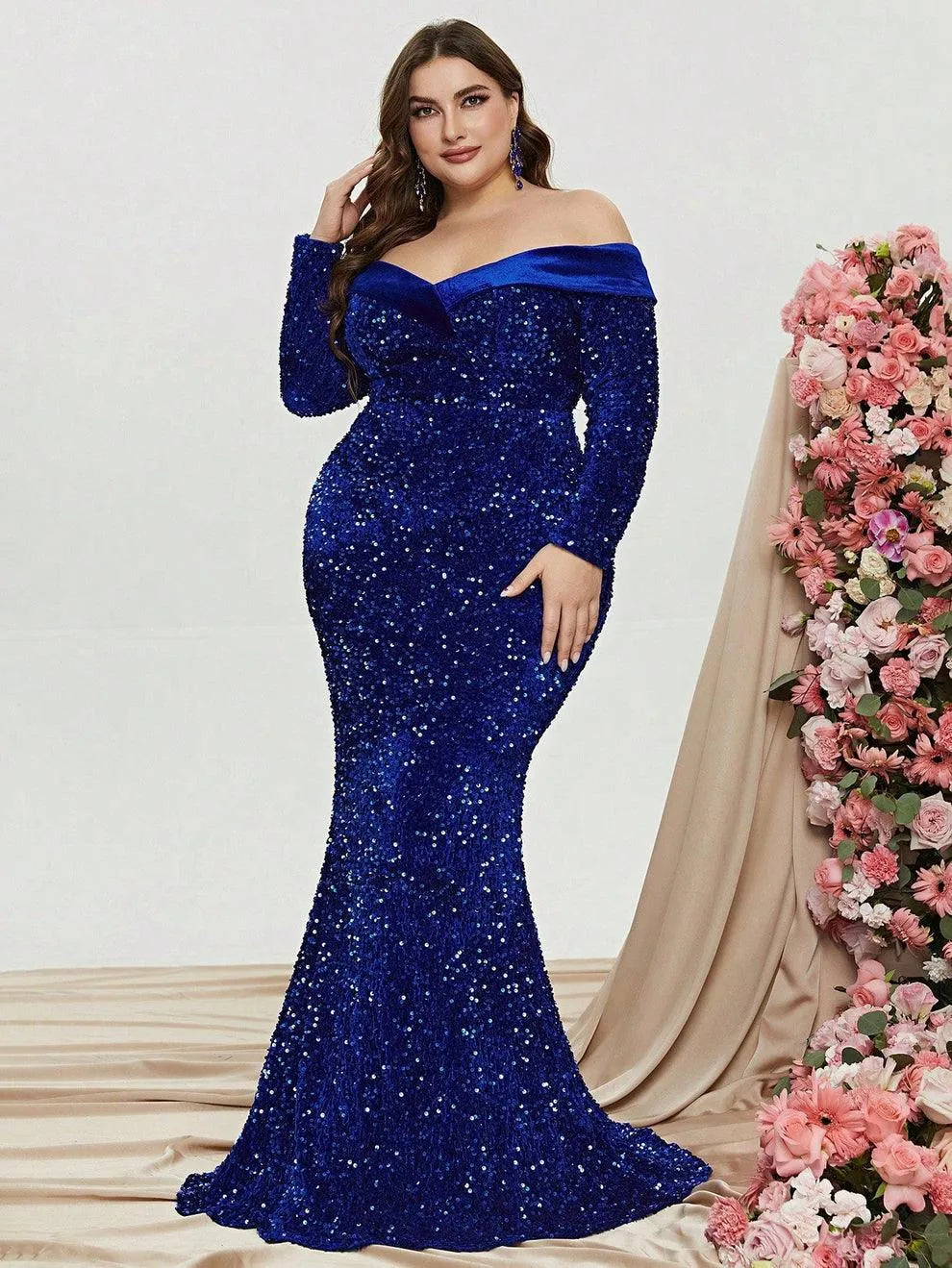 Plus Off Shoulder Long Sleeve Sequin Mermaid Dresses - Elonnashop