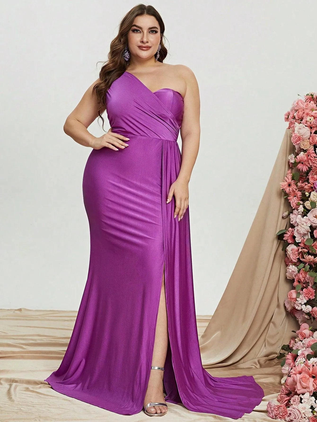 Plus One Shoulder Draped Side Split Thigh Evening Dress Bridesmaids Dress Purple / 4XL Plus One Shoulder Draped Side Split Thigh Evening Dress Bridesmaids Dress Purple / 4XL