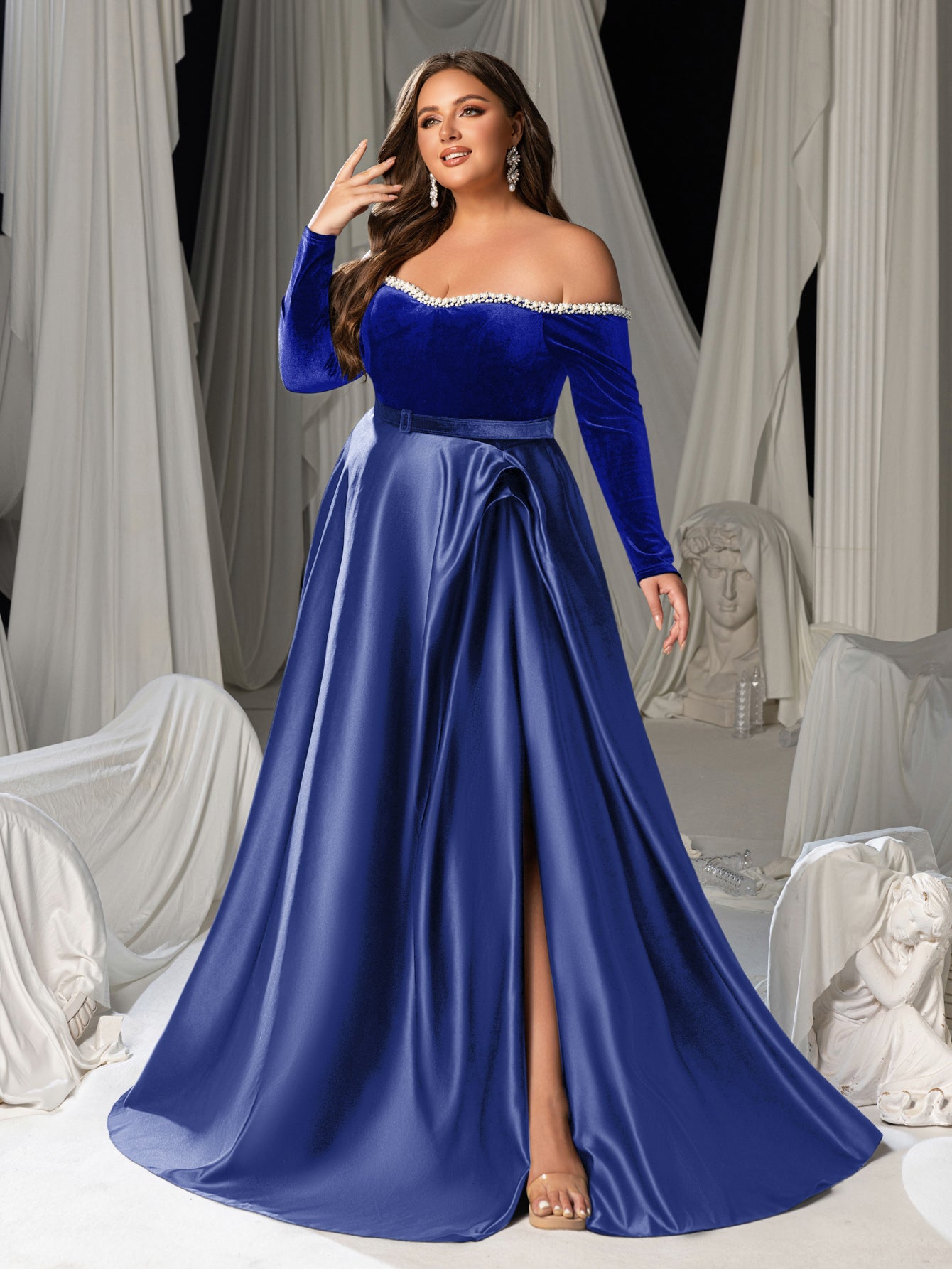 Plus Women's Pearl Accented Off-The-Shoulder Formal Gown | Long Sleeves | Defined Waist Belt | Full Flared Skirt