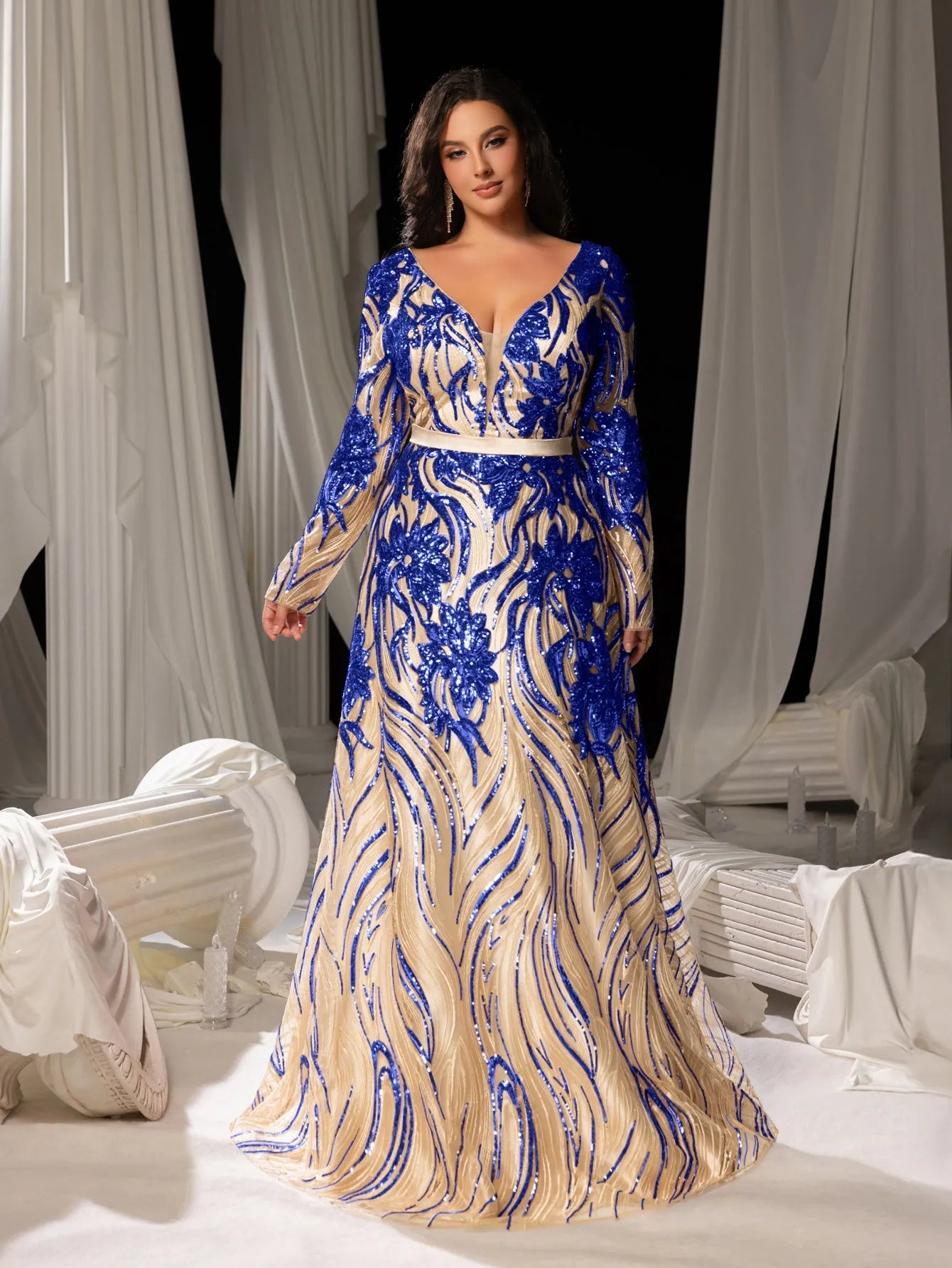Plus Elegant Plunging Neck Lace-up Back Graphic Sequin Formal Prom Dress Plus Elegant Plunging Neck Lace-up Back Graphic Sequin Formal Prom Dress
