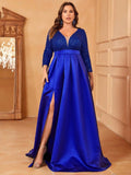 Plus Deep V Neck 3/4 Sleeve Slit A Line Prom Dress - Elonnashop