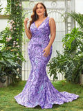 Plus Plunging Neck Sleeveless Sequin Mermaid Prom Dress - Elonnashop