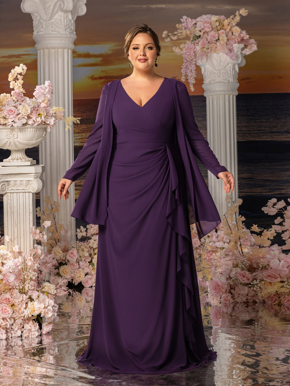 Plus Womens' Fake Two-Piece Evening Gown: V-Neck Long Sleeve Formal Dress for Mother of the Bride