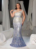 Plus Women's One-Shoulder Geometric Pattern Sequin Mermaid Gown | Illusion Back Evening Dress