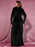 Plus Elegant V Neck Long Sleeve Velvet Slit Dress - Elonnashop