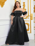 Plus Off Shoulder Puff Sleeves Ruched Bust Satin Prom Dress - Elonnashop