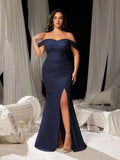 Plus Glitter Off Shoulder Split Mermaid Hem Evening Dress