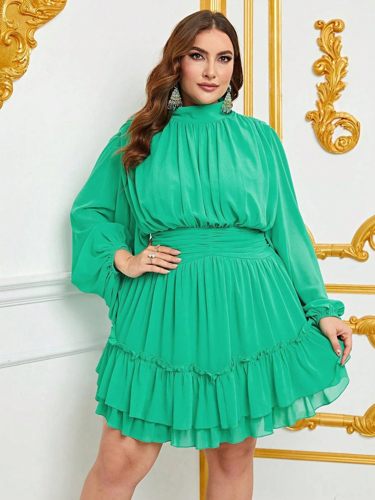 Plus Mock Neck Lantern Sleeve Ruffle Hem Chiffon Dress - Elonnashop