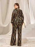 Plus Mock Neck Long Sleeves Graphic Sequin Jumpsuit - Elonnashop