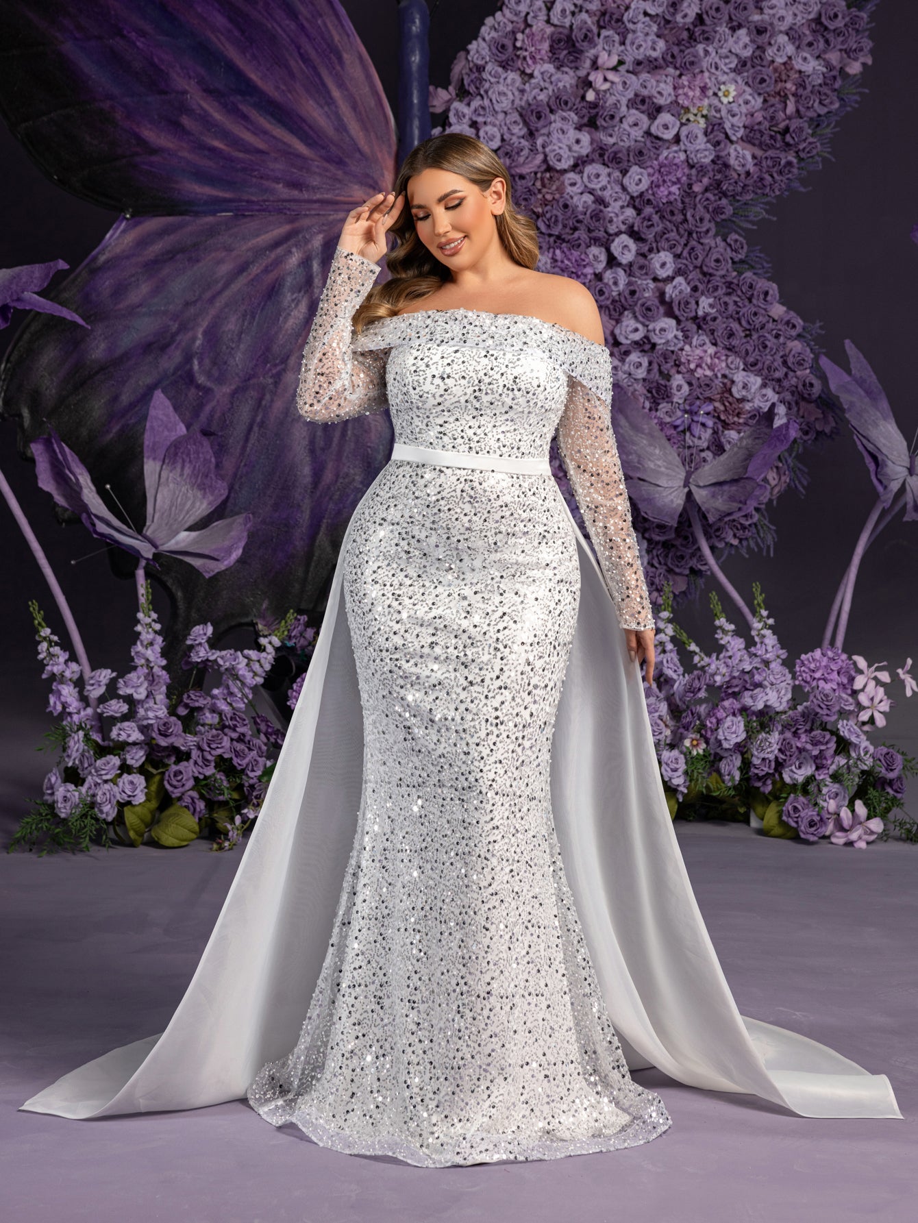 Plus Gorgeous Off Shoulder Sheer Sleeves Mermaid Hem Sequin Wedding D White / 3XL Plus Gorgeous Off Shoulder Sheer Sleeves Mermaid Hem Sequin Wedding D White / 3XL