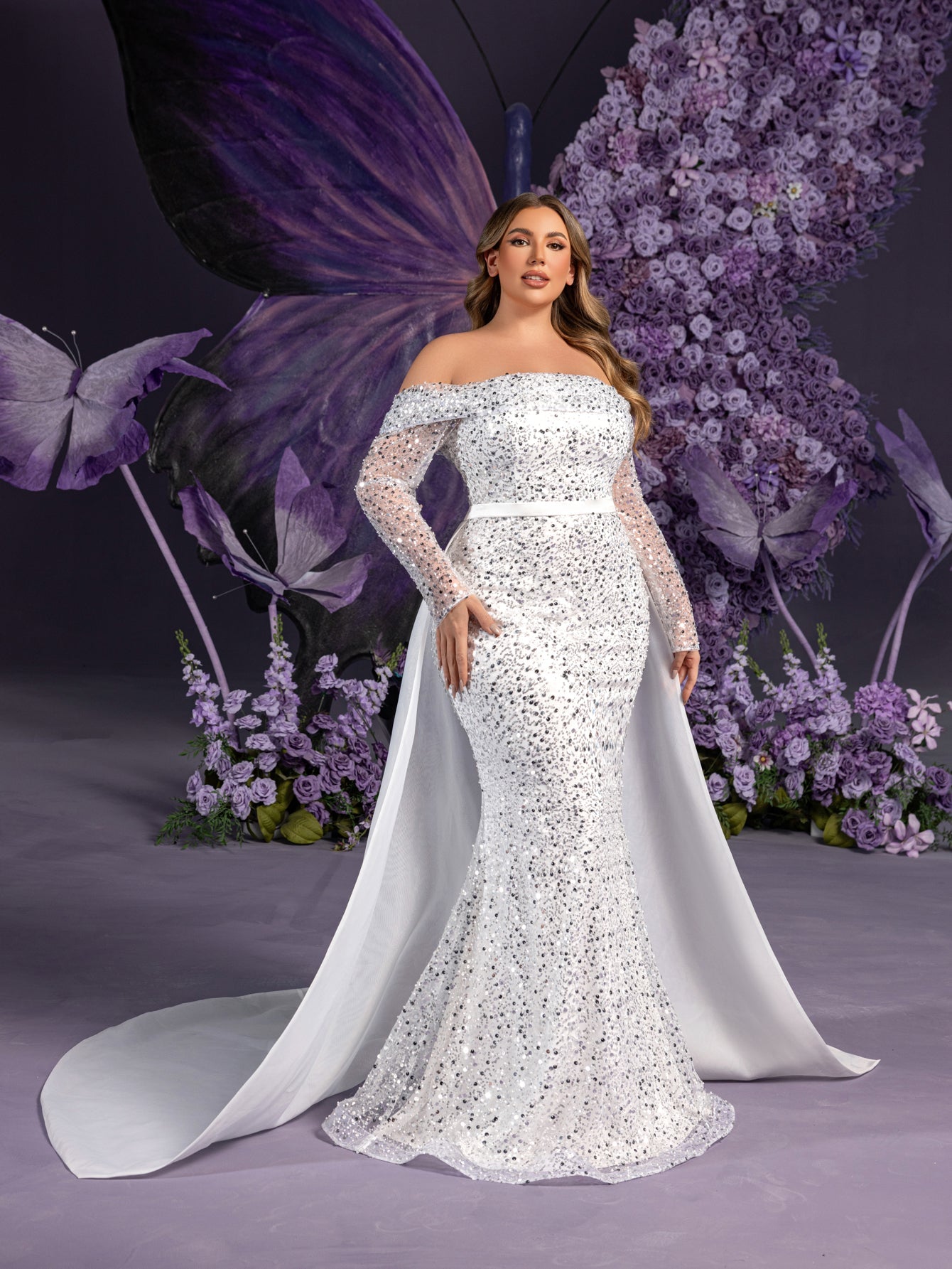 Plus Gorgeous Off Shoulder Sheer Sleeves Mermaid Hem Sequin Wedding Dress with Satin Train - White / 1XL Plus Gorgeous Off Shoulder Sheer Sleeves Mermaid Hem Sequin Wedding Dress with Satin Train - White / 1XL