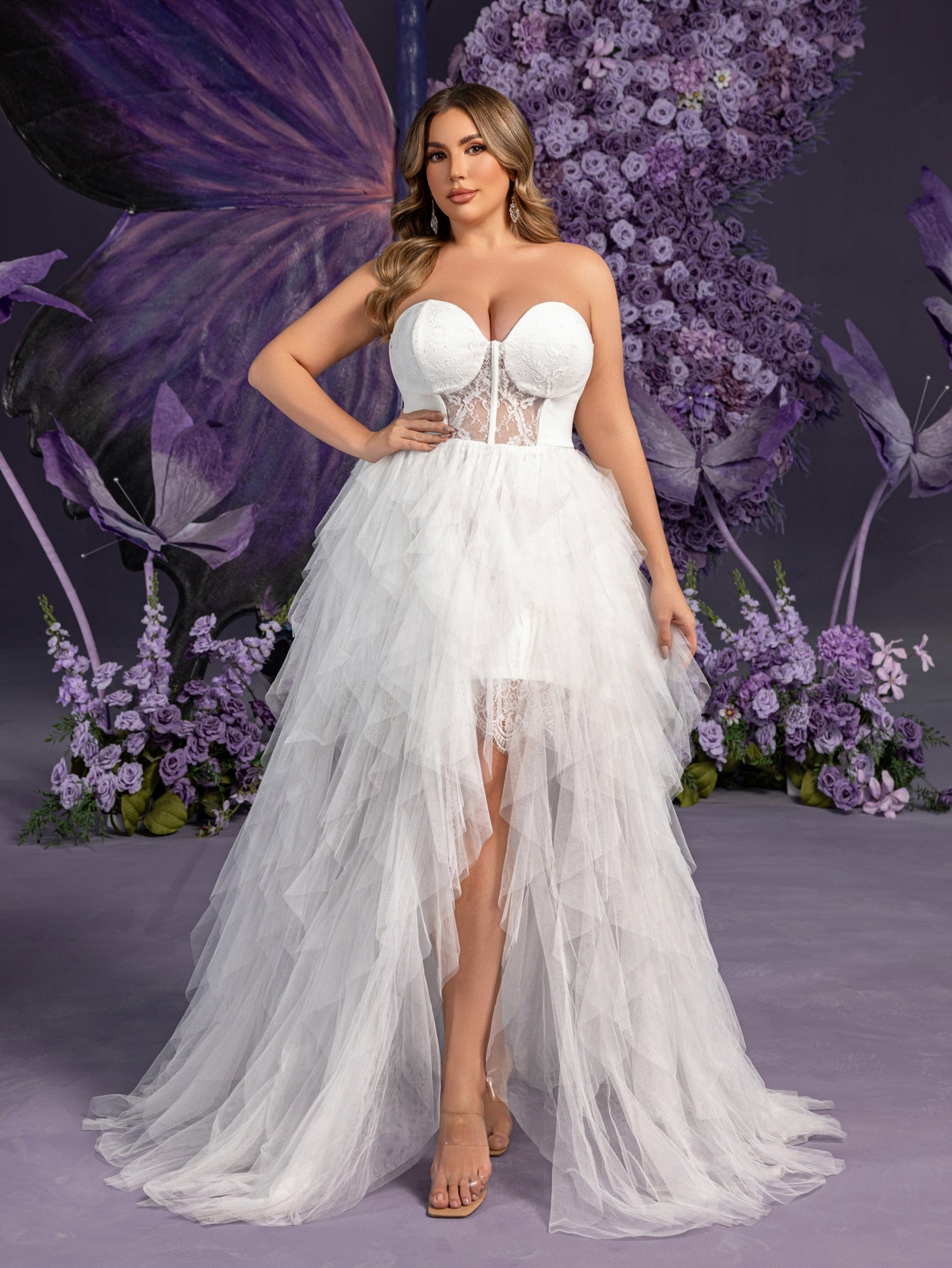 Plus Elegant Strapless Sweetheart White Bridal Gowns: Tiered Tulle Sk – Curvepretty